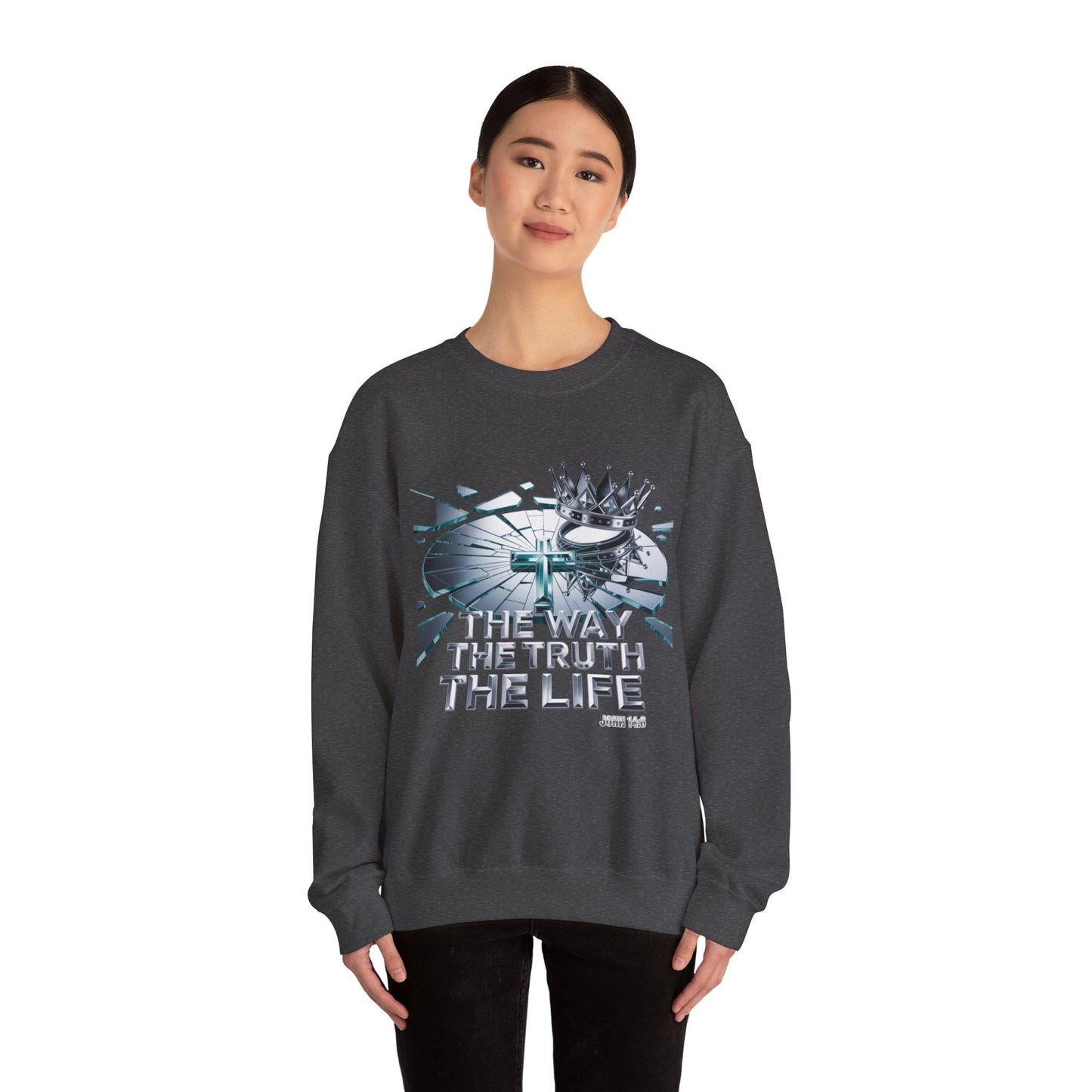 Christian Crewneck Sweatshirt — "The Way The Truth The Life" Crown & Cross Design
