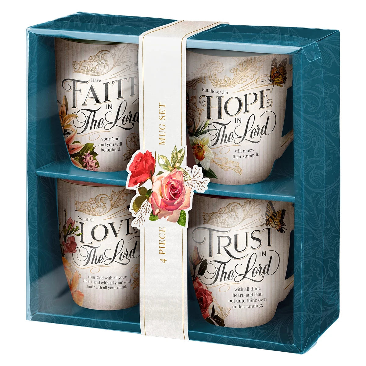 Novelty Floral Ceramic Scripture Coffee & Tea Mug Set: Hope, Trust, Faith, Love - 4 Fancy Medium 12 Oz. Cups W/Butterflies & Bible Verses, Multicolor Blue/Pink/Green/Orange Floral