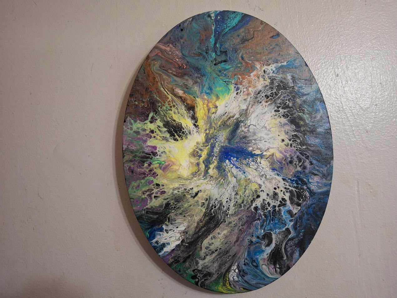 SHINE HIS LIGHT WITH!! DIVINE FAITH 714 original spin/pour art 12"x16" Oval #620