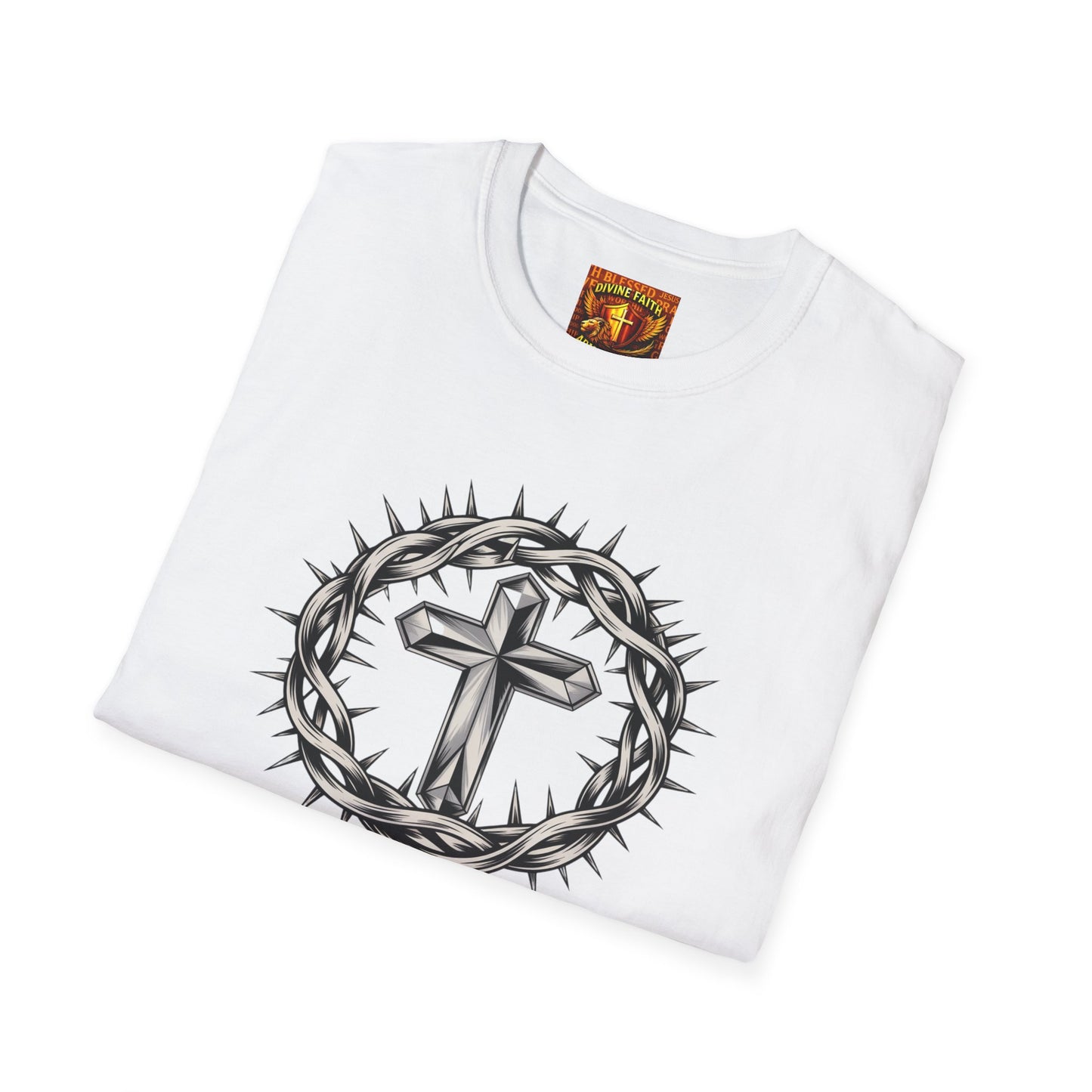 Christian Cross T-Shirt — "While We Were Still Sinners, Christ Died for Us" (Romans 5:8)