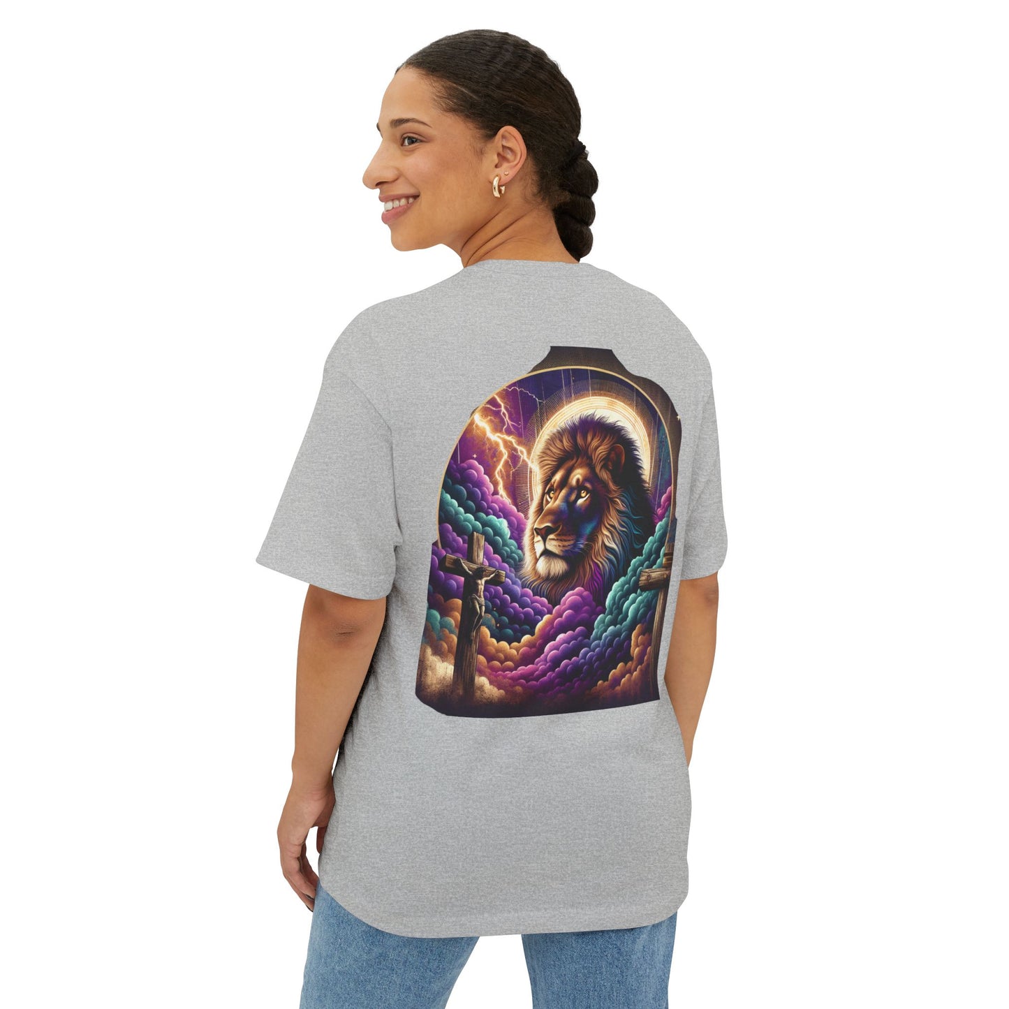 Lion and Cross Oversized Tee Unisex Oversized Boxy Tee, Divine Faith Armor