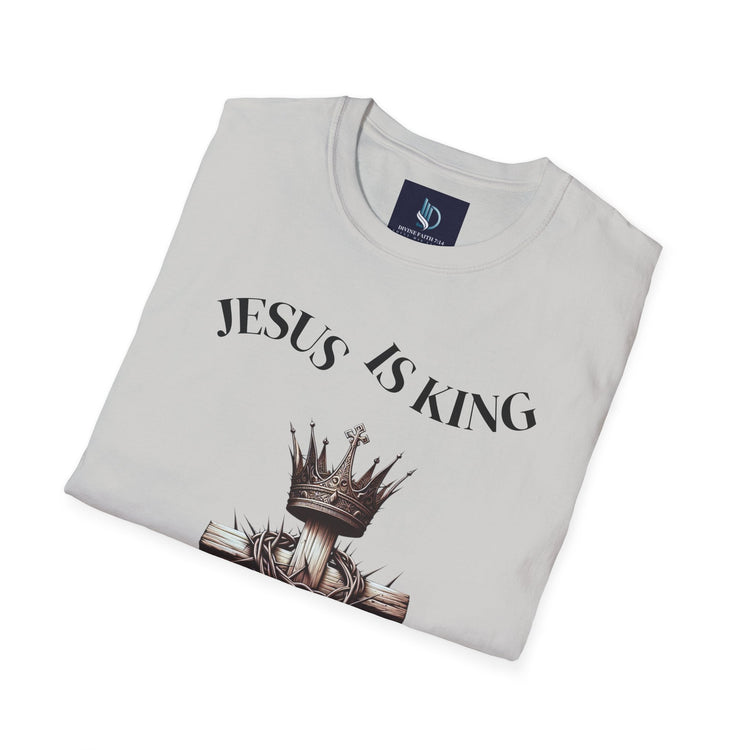 Modern Christian T-shirt with Jesus Is King text design – Divine Faith Armor™ inspirational apparel.