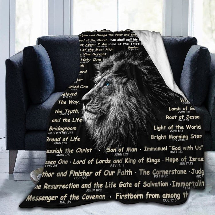 Cozy Christian blanket featuring a majestic lion and uplifting Bible verse – Divine Faith Armor™ collection.
