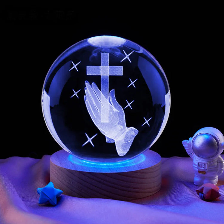 "Religious 3D Crystal Ball Night Light featuring divine imagery, a perfect Christian apparel gift companion and faith-inspired home decor for believers."