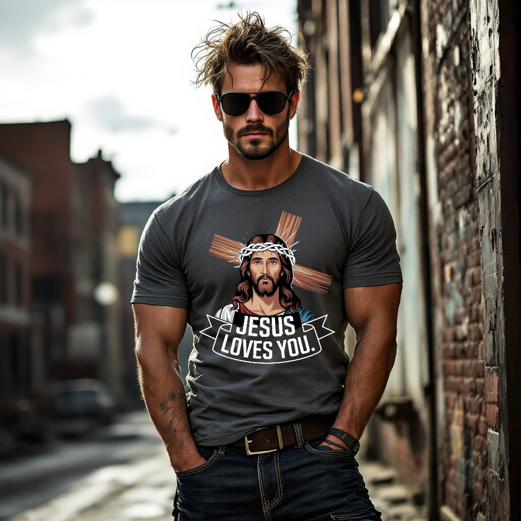 "Man wearing Divine Faith Armor™ Men’s ‘Jesus Loves You’ T-Shirt, front view – Christian apparel with bold faith-inspired design." 