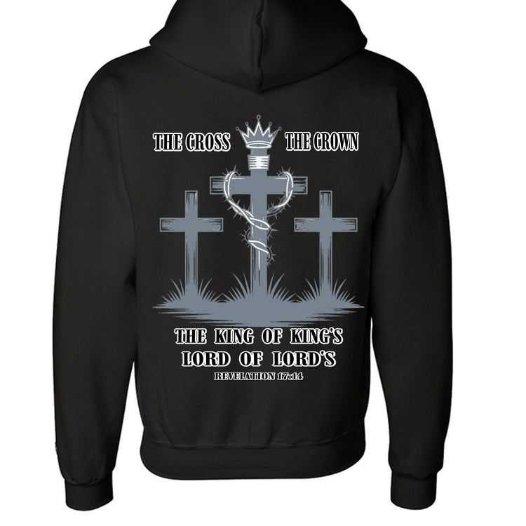 Black Christian sweatshirt featuring three crosses and bold scripture text “The Cross, The Crown, King of Kings, Lord of Lords” on front and back – Divine Faith Armor™ faith apparel.