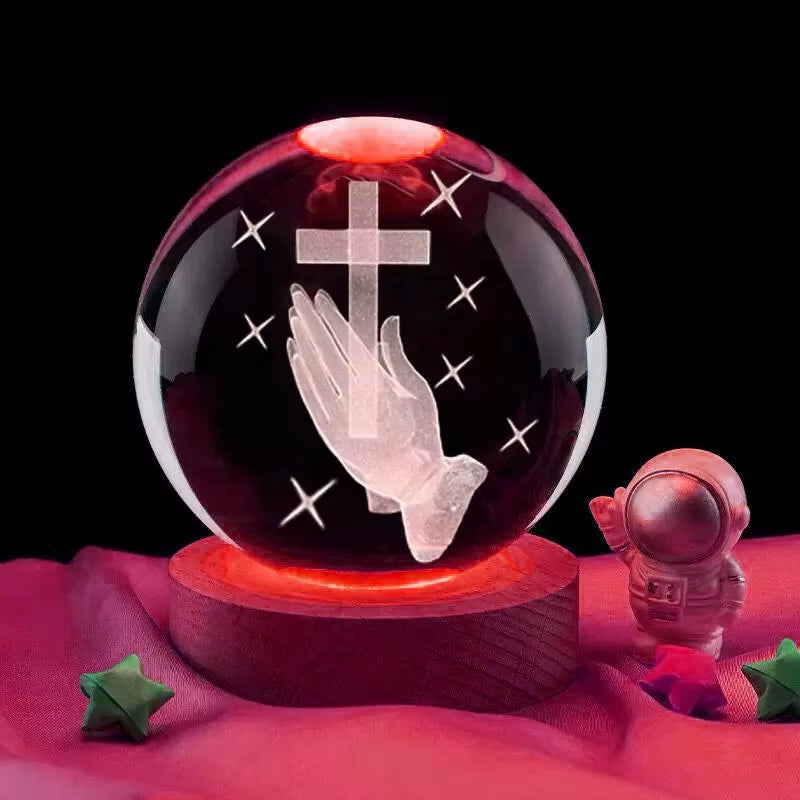 3D Crystal Ball Cross Ln Hand with Multicolor LED Night Light,Praying Hands Gifts for Women Man Christian