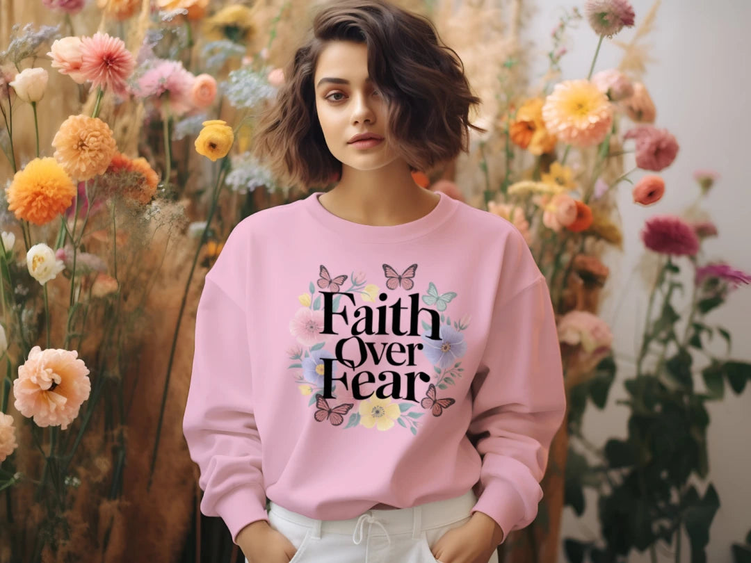 Christian “Faith Over Fear” women’s side zip shirt featuring elegant bold lettering with butterflies and pastel flowers, inspirational faith-based apparel perfect for church, casual wear, or gifts.