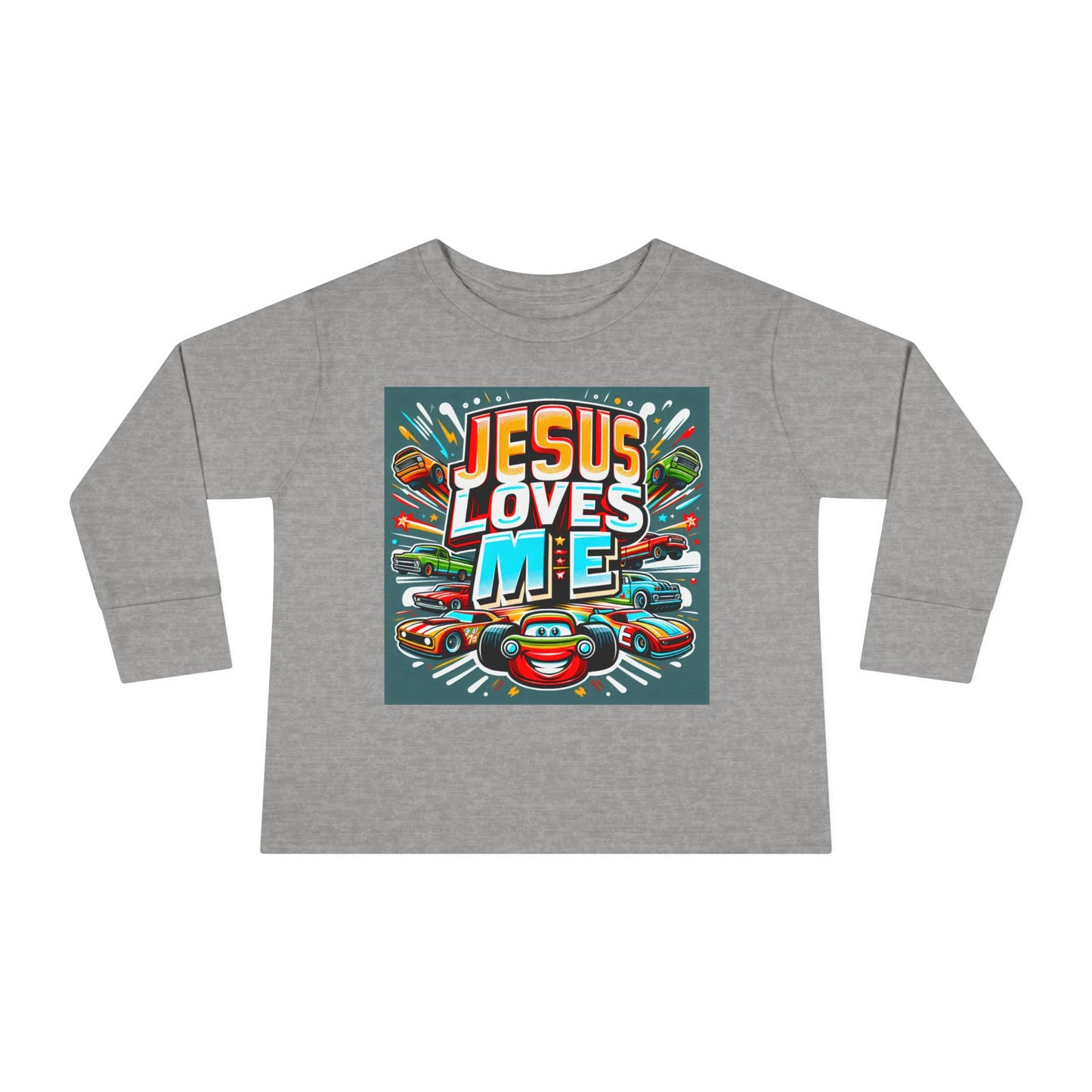Jesus Loves Me Toddler Long Sleeve Tee Cars Design Personalized Back, Christian Kids apparel