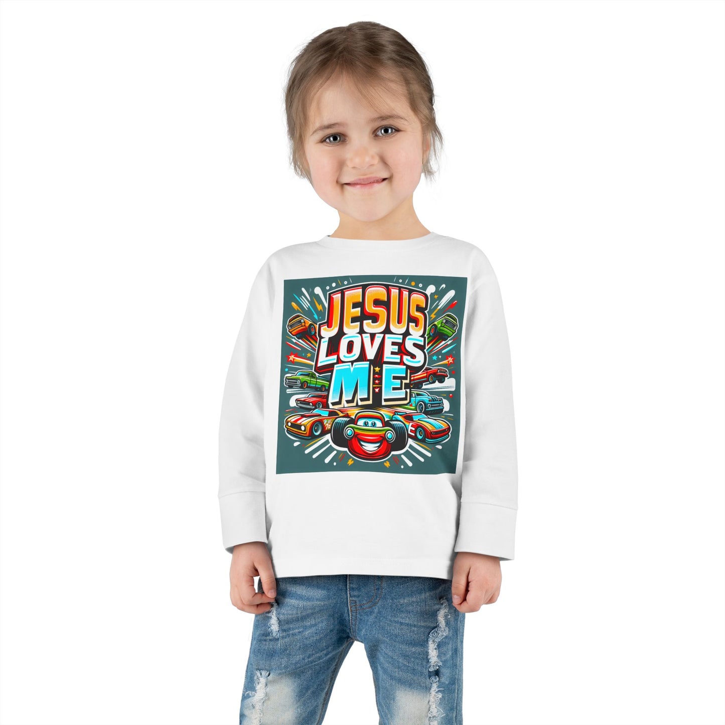 Jesus Loves Me Toddler Long Sleeve Tee Cars Design Personalized Back, Christian Kids apparel