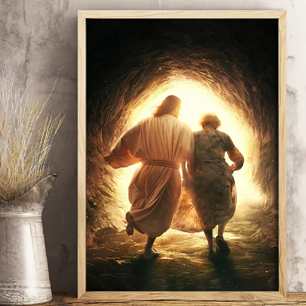 Jesus Runs Out of the Grave with an Elderly Woman Canvas Print, Christmas Decor, Christian Wall Art
