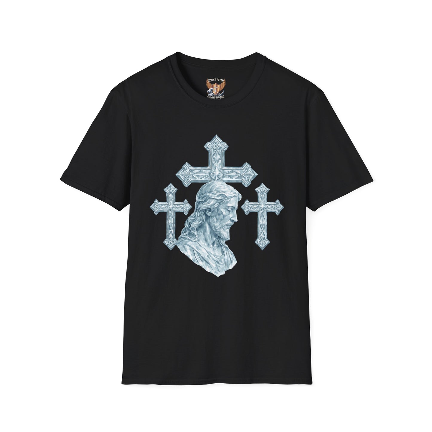Jesus Head with Ornate Crosses T-Shirt —Divine Faith Armor