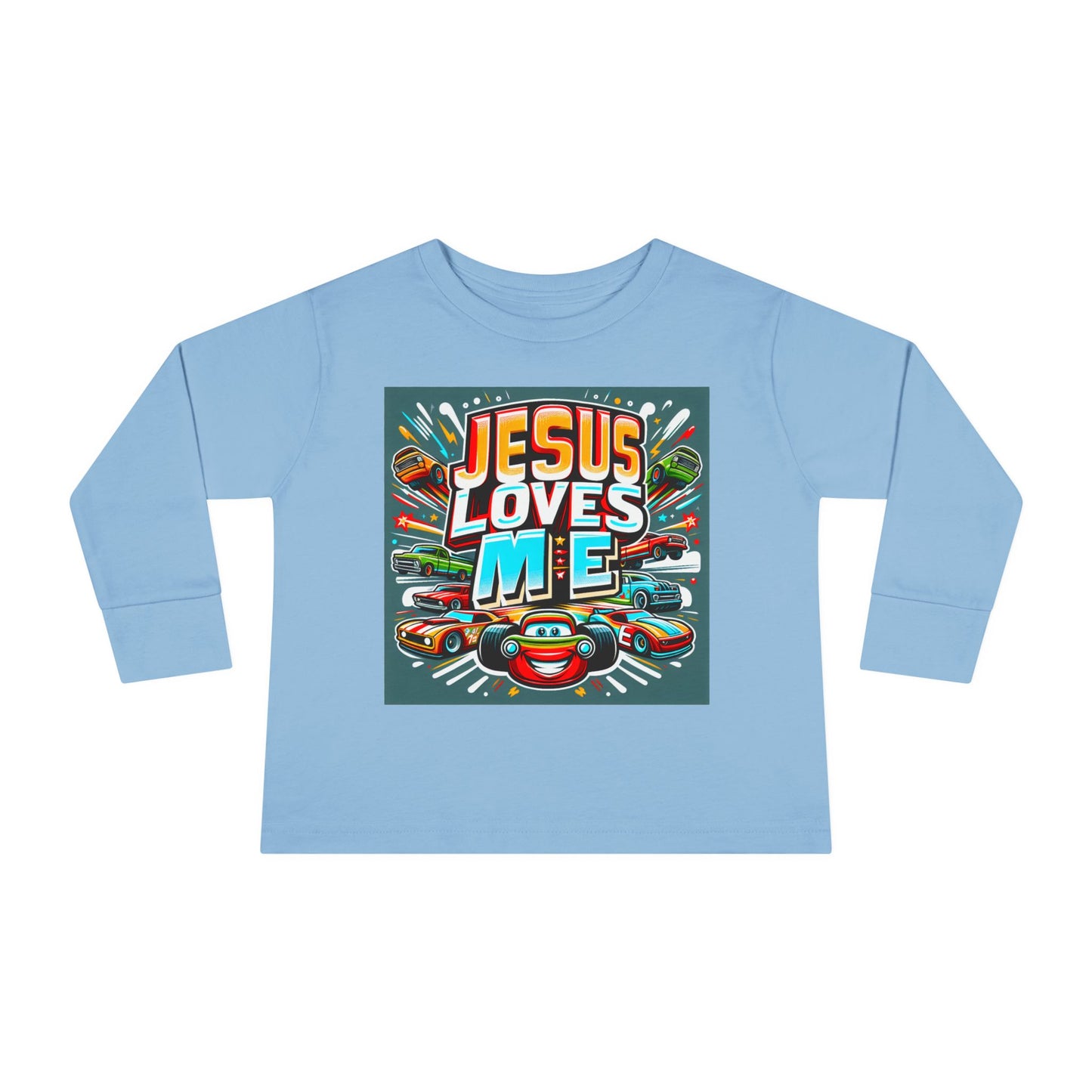 Jesus Loves Me Toddler Long Sleeve Tee Cars Design Personalized Back, Christian Kids apparel