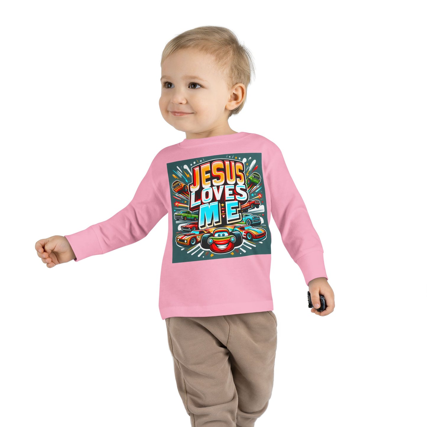 Jesus Loves Me Toddler Long Sleeve Tee Cars Design Personalized Back, Christian Kids apparel