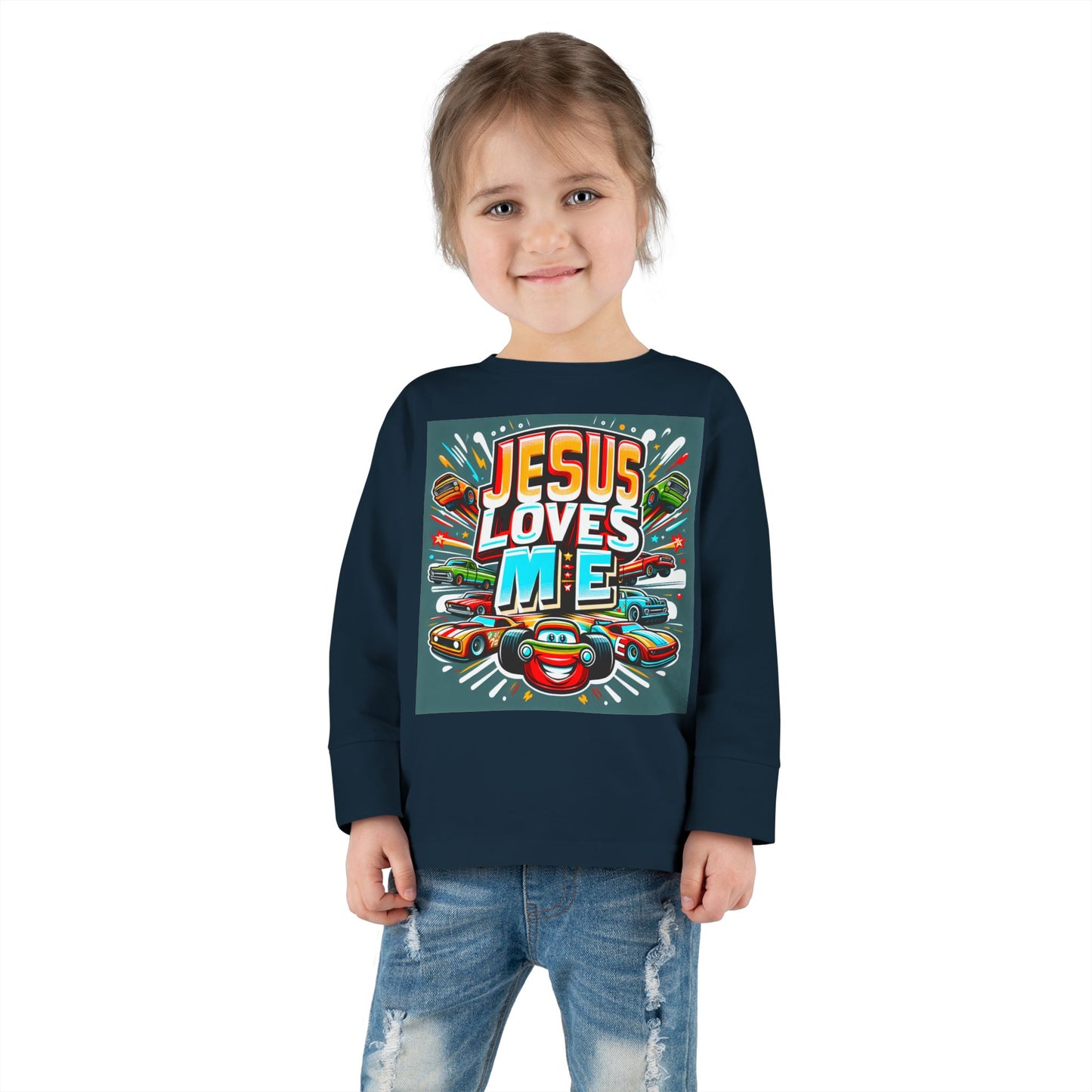 Jesus Loves Me Toddler Long Sleeve Tee Cars Design Personalized Back, Christian Kids apparel