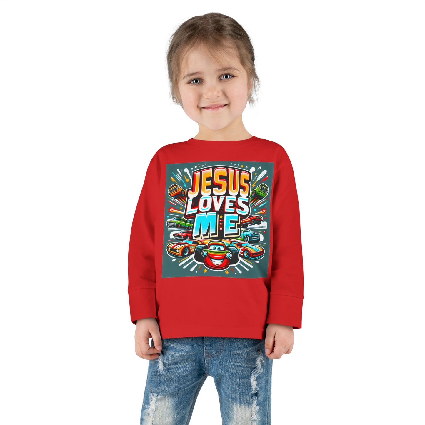 Jesus Loves Me Toddler Long Sleeve Tee Cars Design Personalized Back, Christian Kids apparel