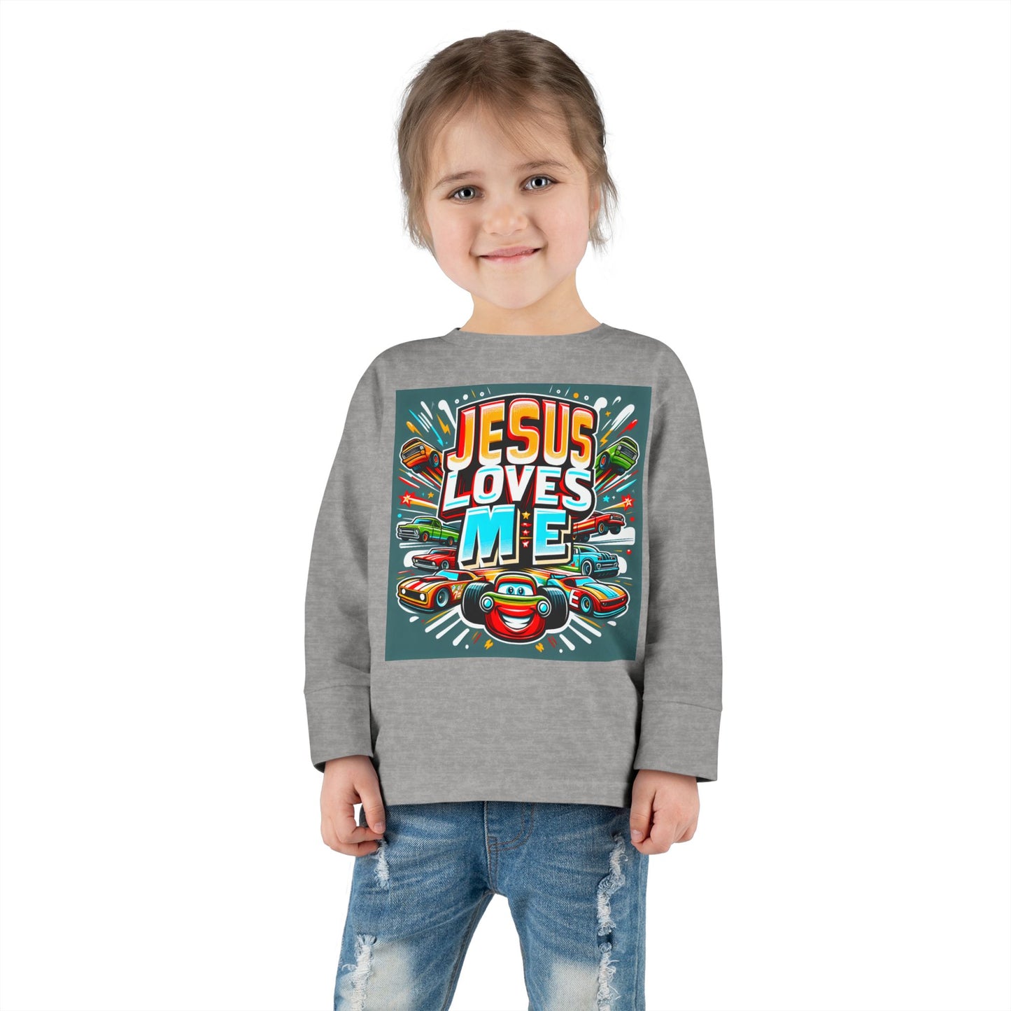 Jesus Loves Me Toddler Long Sleeve Tee Cars Design Personalized Back, Christian Kids apparel
