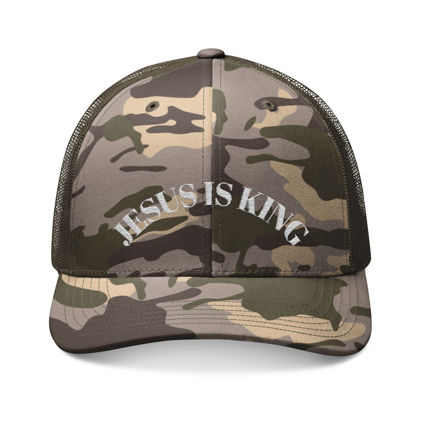 Camo Trucker Hat - Jesus is King Cap, Faith-Based Apparel, Camouflage Hat, Religious Gift, Blessed Fashion Accessory