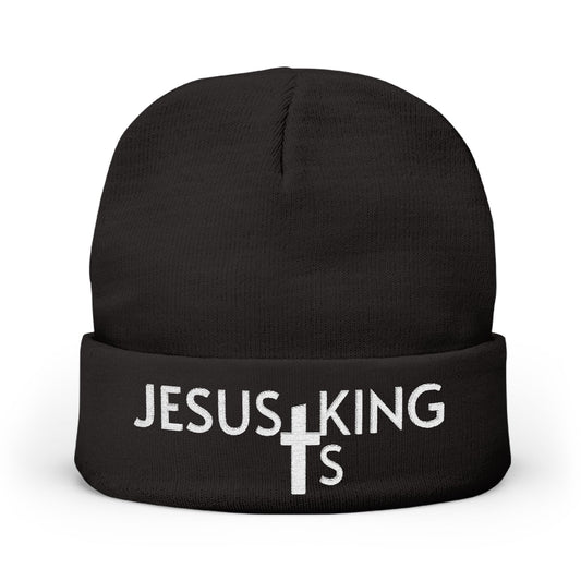 Jesus Is King Embroidered Knit Beanie — Christian Faith Winter Hat