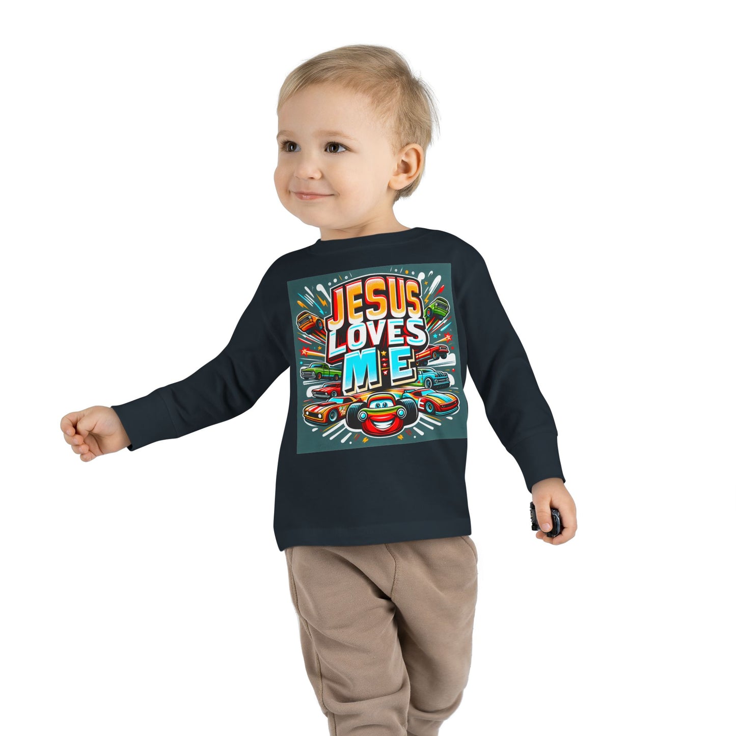 Jesus Loves Me Toddler Long Sleeve Tee Cars Design Personalized Back, Christian Kids apparel