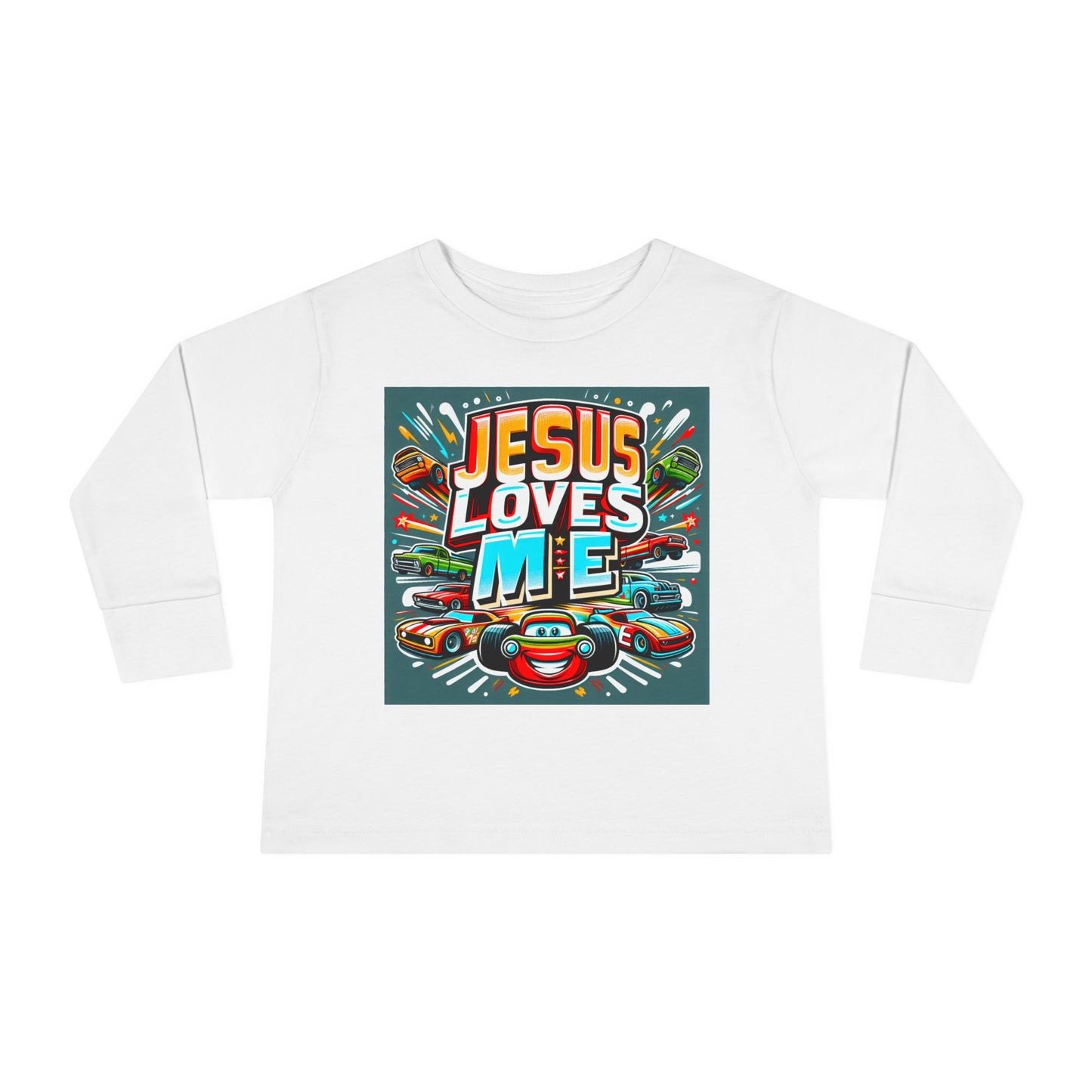 Jesus Loves Me Toddler Long Sleeve Tee Cars Design Personalized Back, Christian Kids apparel
