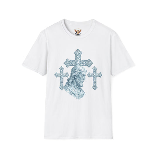 Jesus Head with Ornate Crosses T-Shirt —Divine Faith Armor
