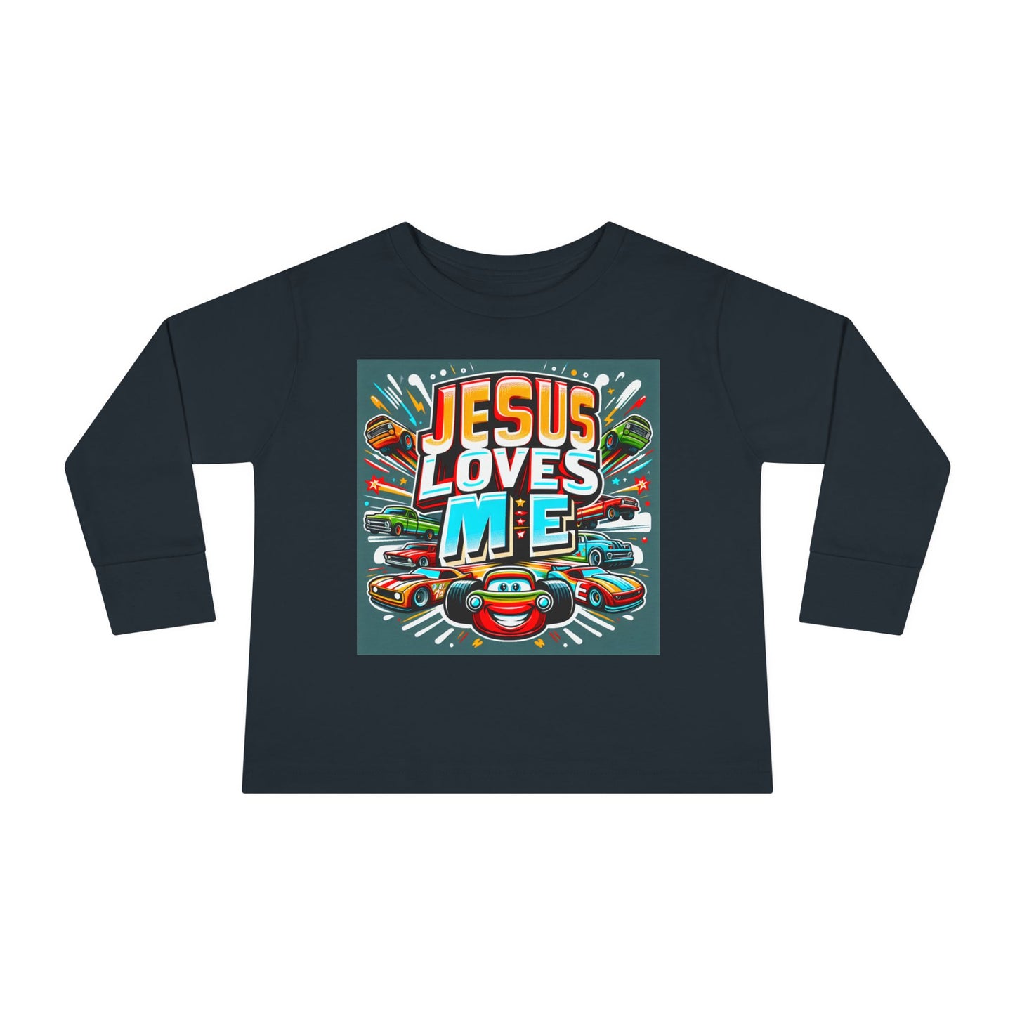 Jesus Loves Me Toddler Long Sleeve Tee Cars Design Personalized Back, Christian Kids apparel
