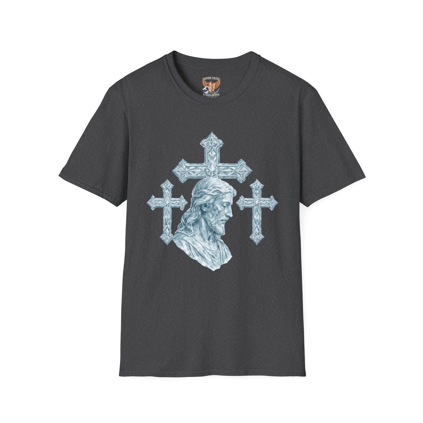 Jesus Head with Ornate Crosses T-Shirt —Divine Faith Armor