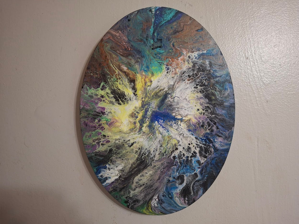 SHINE HIS LIGHT WITH!! DIVINE FAITH 714 original spin/pour art 16"x12 Oval" #1973