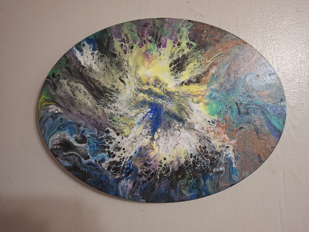 SHINE HIS LIGHT WITH!! DIVINE FAITH 714 original spin/pour art 16"x12 Oval" #1973