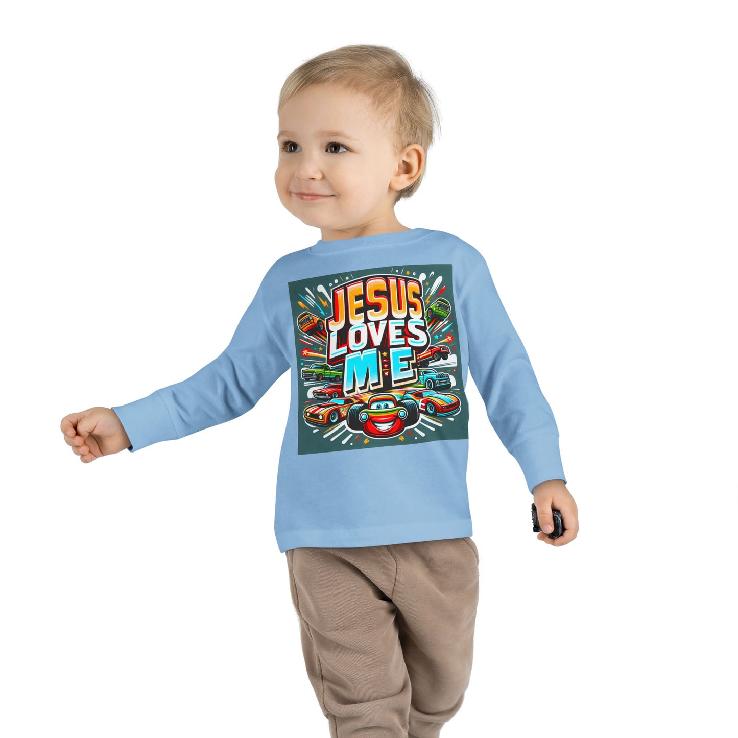 Jesus Loves Me Toddler Long Sleeve Tee Cars Design Personalized Back, Christian Kids apparel