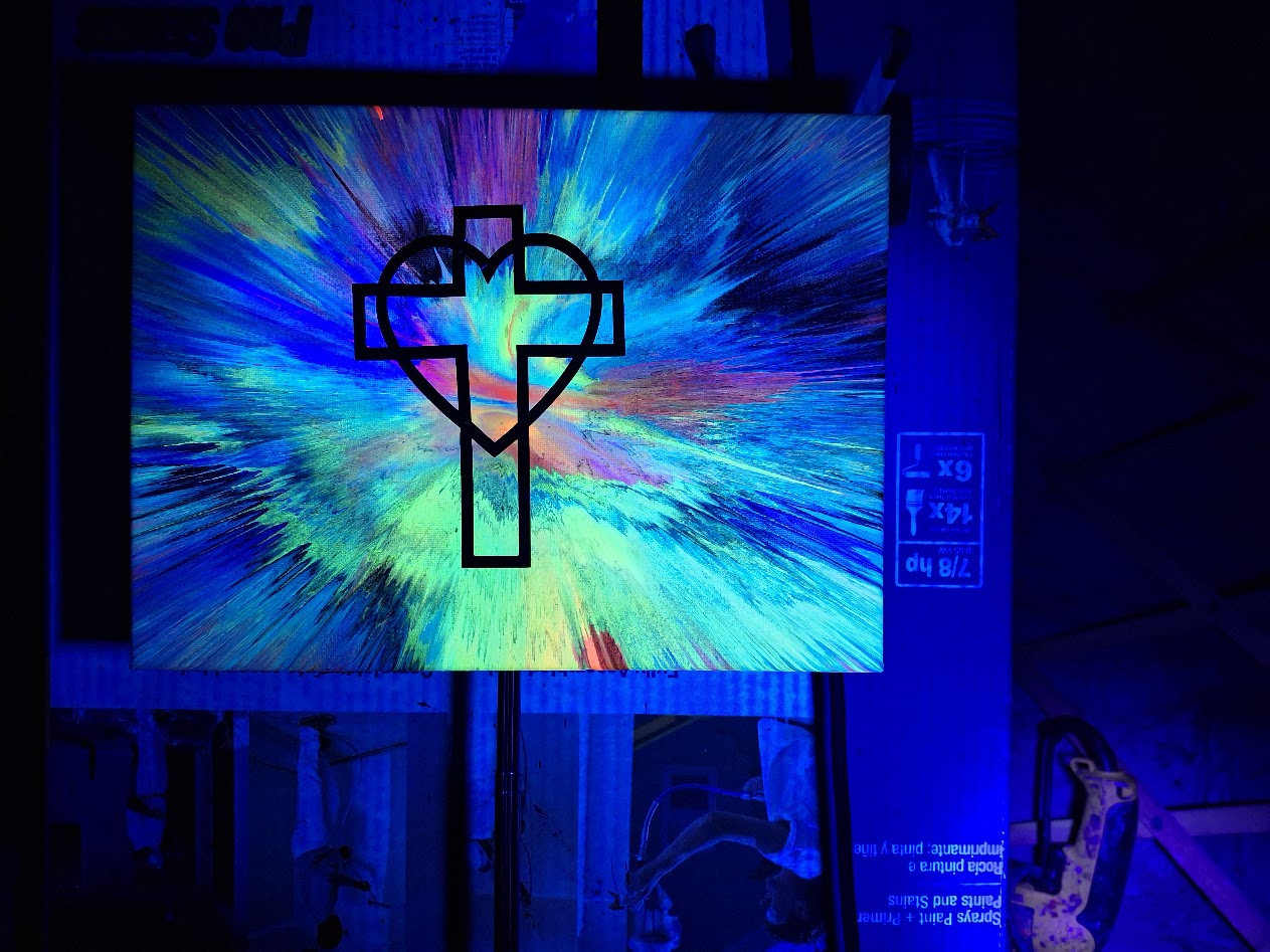 SHINE HIS LIGHT WITH!! DIVINE FAITH 714 original spin/pour art 9"x12" #1990