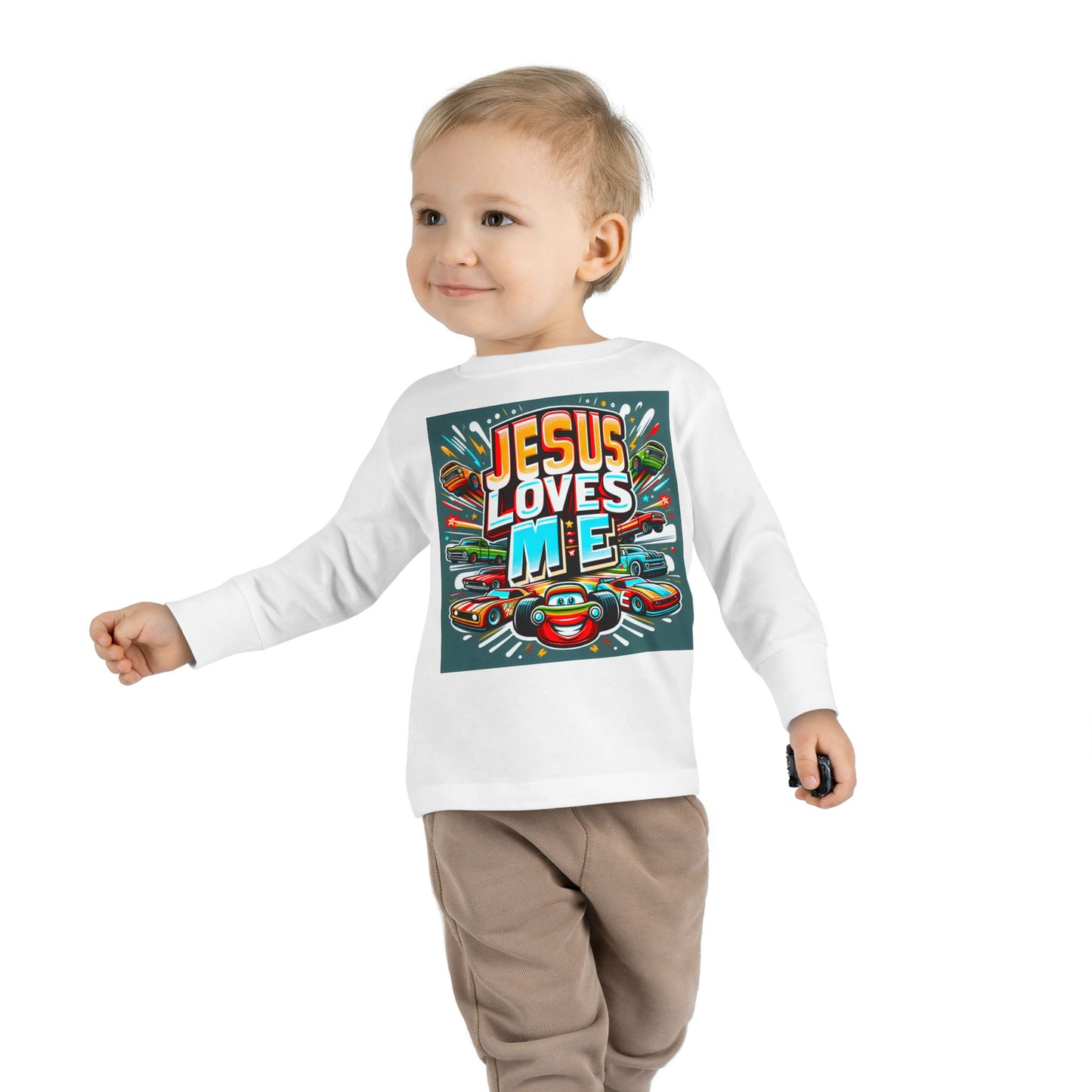 Jesus Loves Me Toddler Long Sleeve Tee Cars Design Personalized Back, Christian Kids apparel