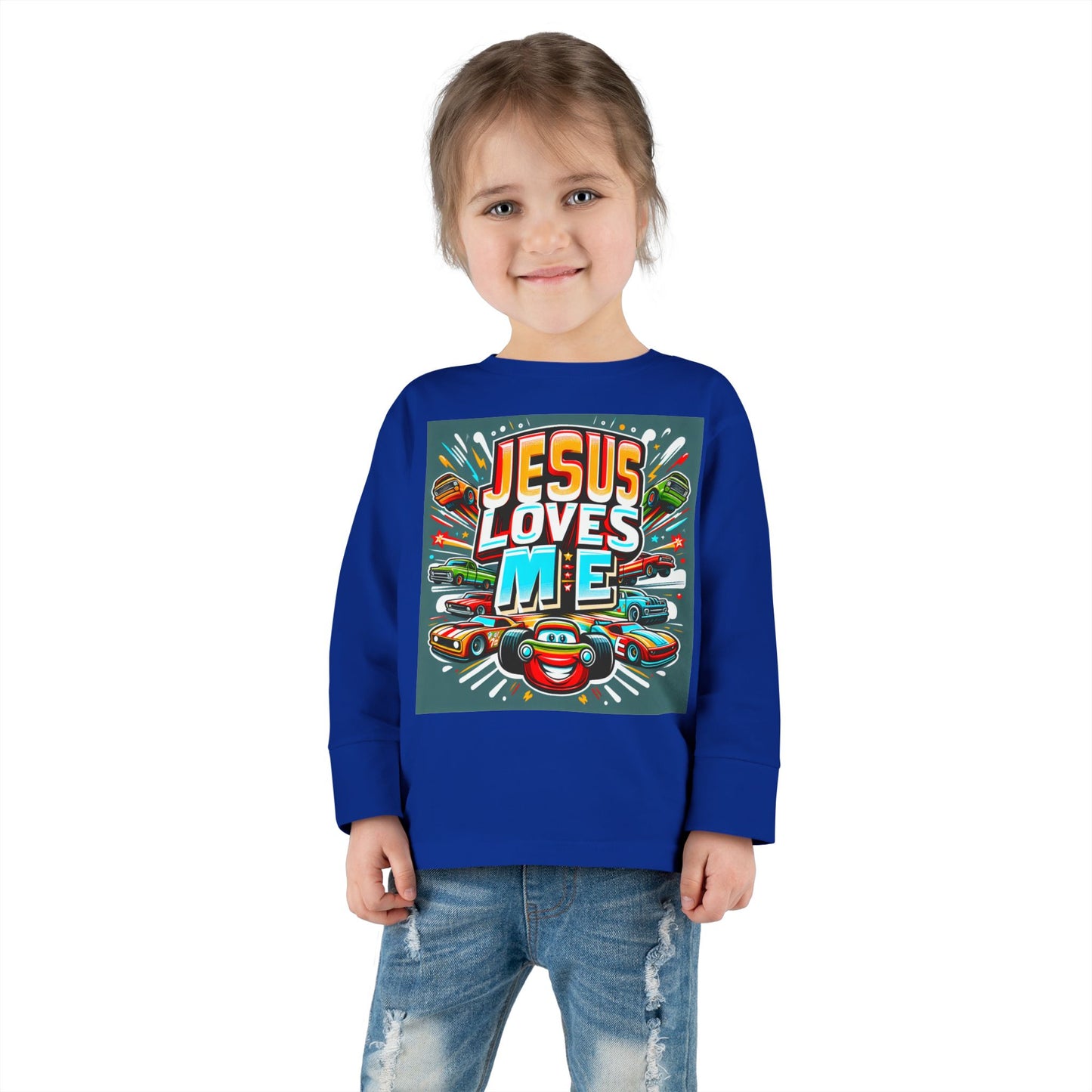 Jesus Loves Me Toddler Long Sleeve Tee Cars Design Personalized Back, Christian Kids apparel