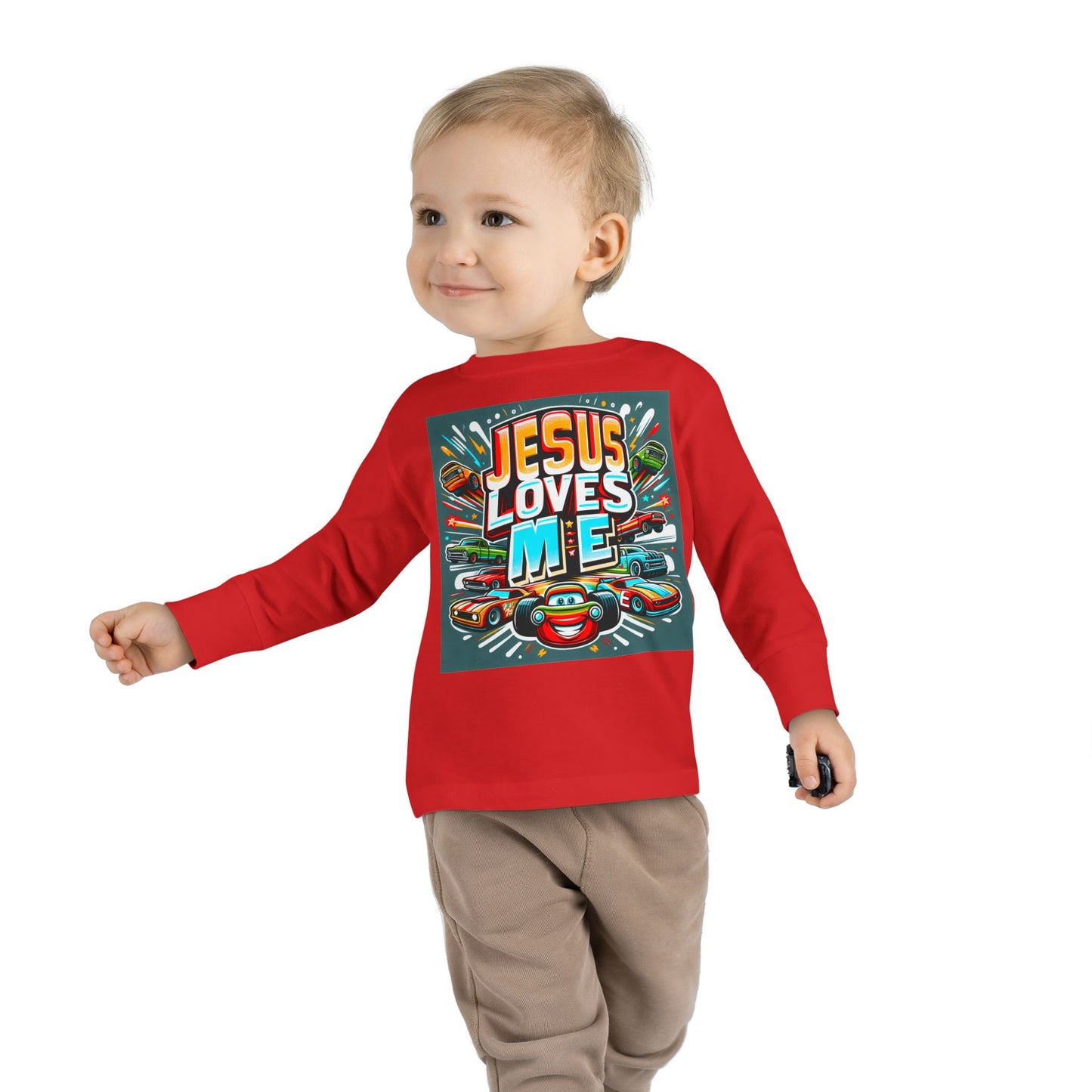 Jesus Loves Me Toddler Long Sleeve Tee Cars Design Personalized Back, Christian Kids apparel