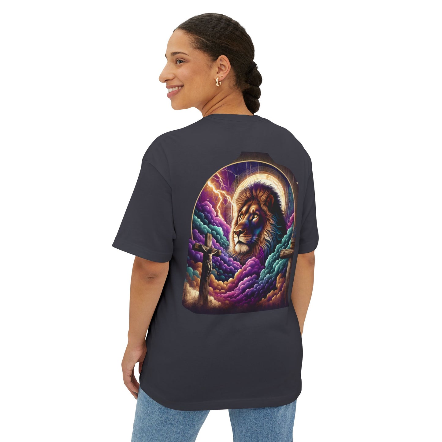 Lion and Cross Oversized Tee Unisex Oversized Boxy Tee, Divine Faith Armor
