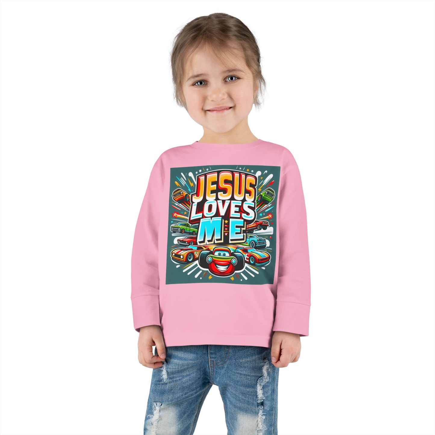Jesus Loves Me Toddler Long Sleeve Tee Cars Design Personalized Back, Christian Kids apparel