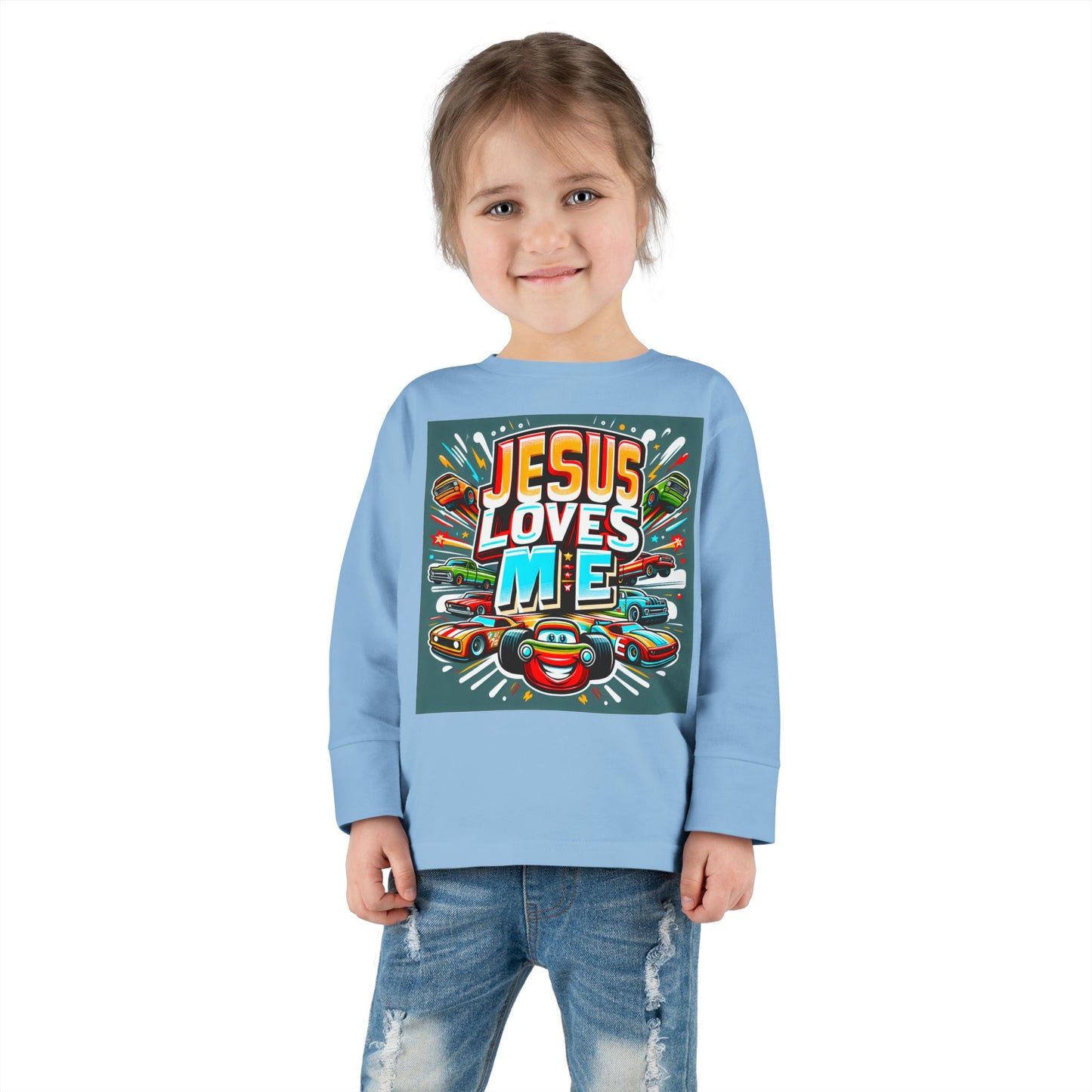 Jesus Loves Me Toddler Long Sleeve Tee Cars Design Personalized Back, Christian Kids apparel
