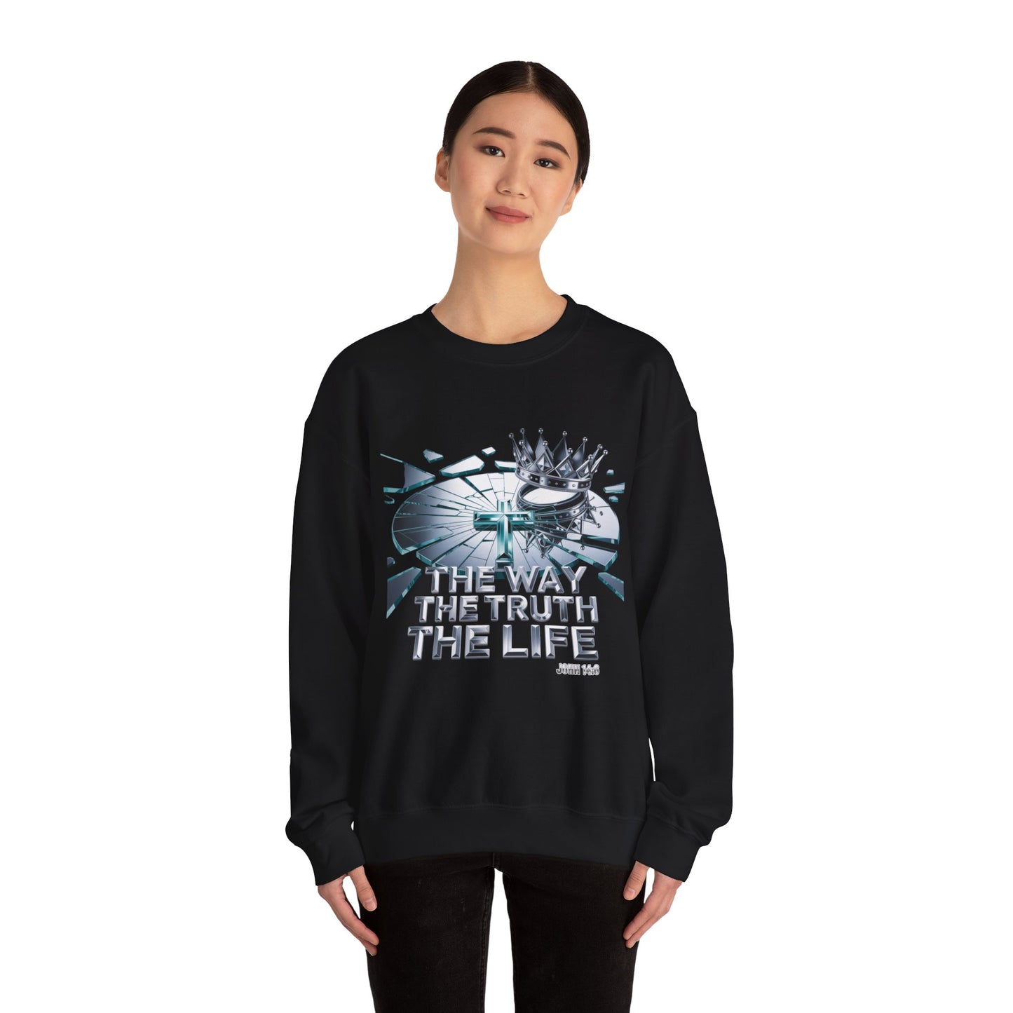 Christian Crewneck Sweatshirt — "The Way The Truth The Life" Crown & Cross Design