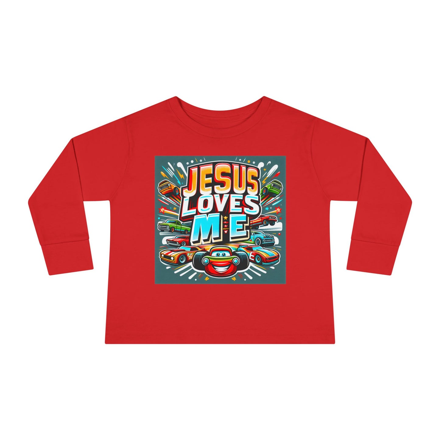 Jesus Loves Me Toddler Long Sleeve Tee Cars Design Personalized Back, Christian Kids apparel
