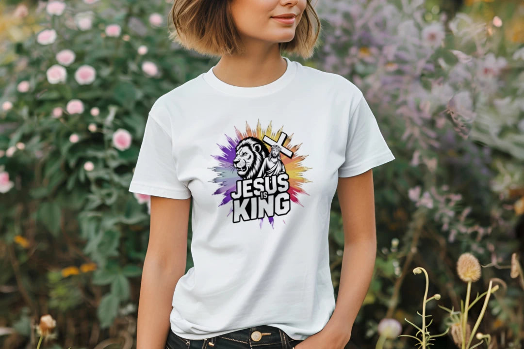 Divine Faith Armor™ Jesus Is King Lion shirt with bold lion and Jesus carrying the cross