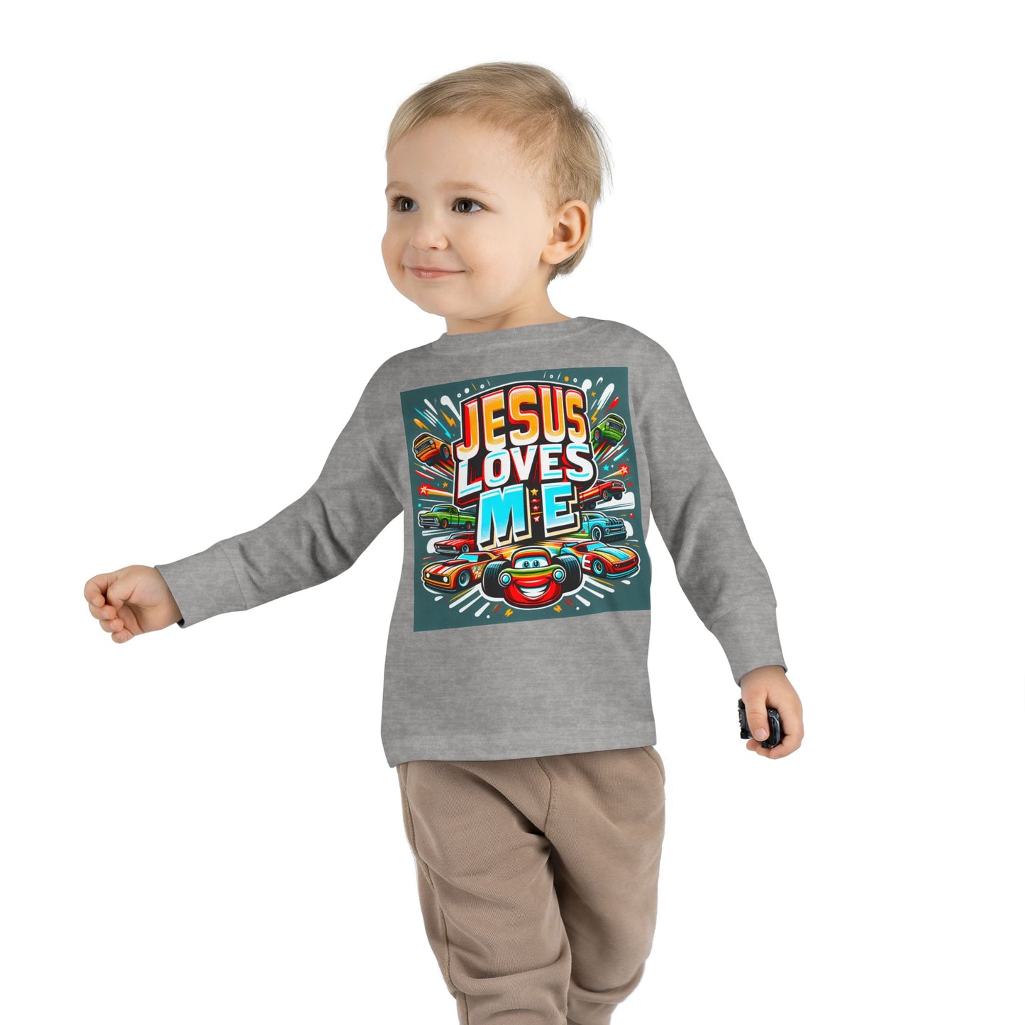 Jesus Loves Me Toddler Long Sleeve Tee Cars Design Personalized Back, Christian Kids apparel