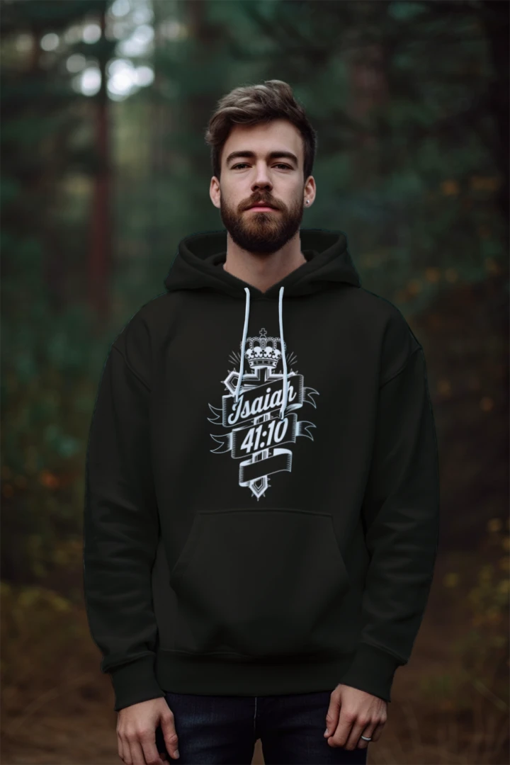 a Man is wearing lifestylea black hoodie Divine Faith Armor™ Isaiah 46:10 Christian Hoodie – scripture-based faith hoodie for church, Bible study, casual wear, or inspirational Christian gifts.