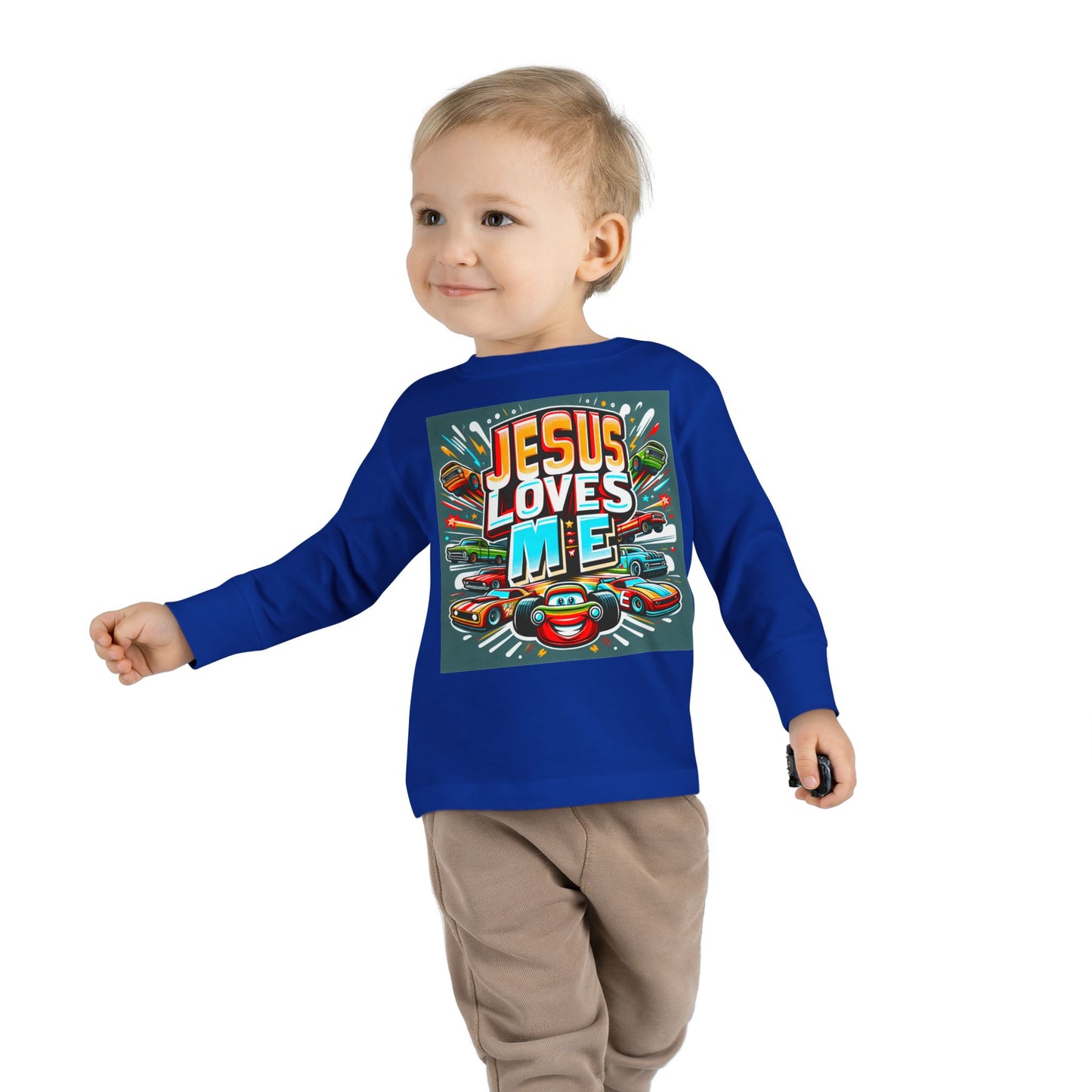 Jesus Loves Me Toddler Long Sleeve Tee Cars Design Personalized Back, Christian Kids apparel