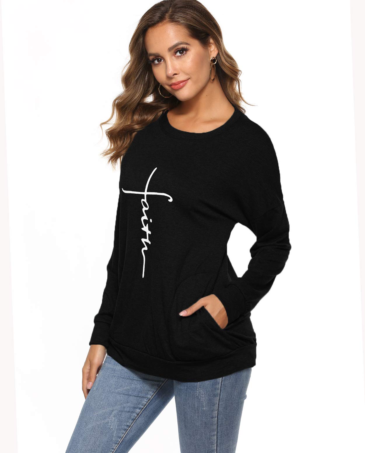 Mansy Women's Faith Sweatshirt Loose Fit Long Sleeve Crewneck Christian Letter Print Tunic Tops with Pocket (Black, XXL)