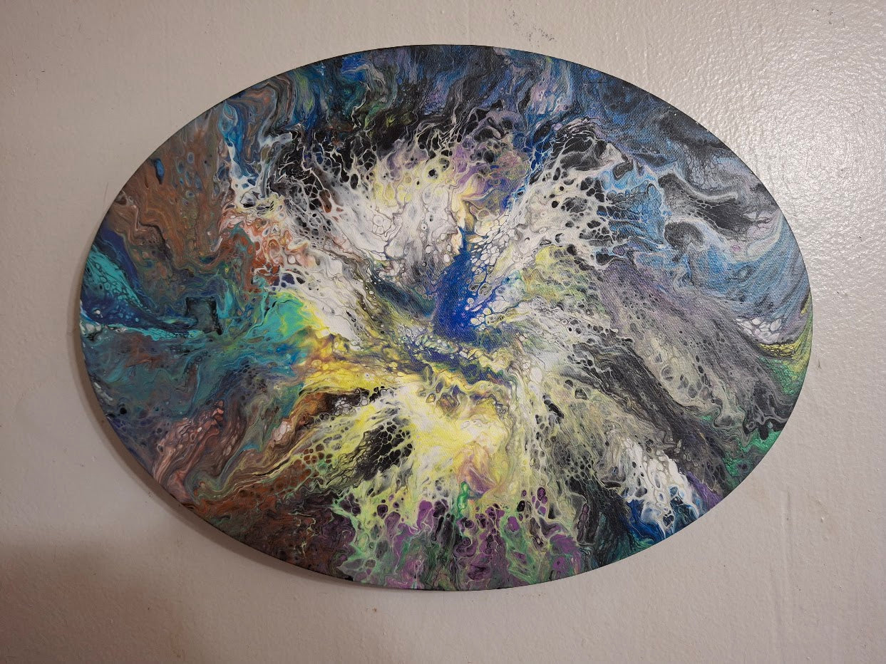 SHINE HIS LIGHT WITH!! DIVINE FAITH 714 original spin/pour art 12"x16" Oval #620