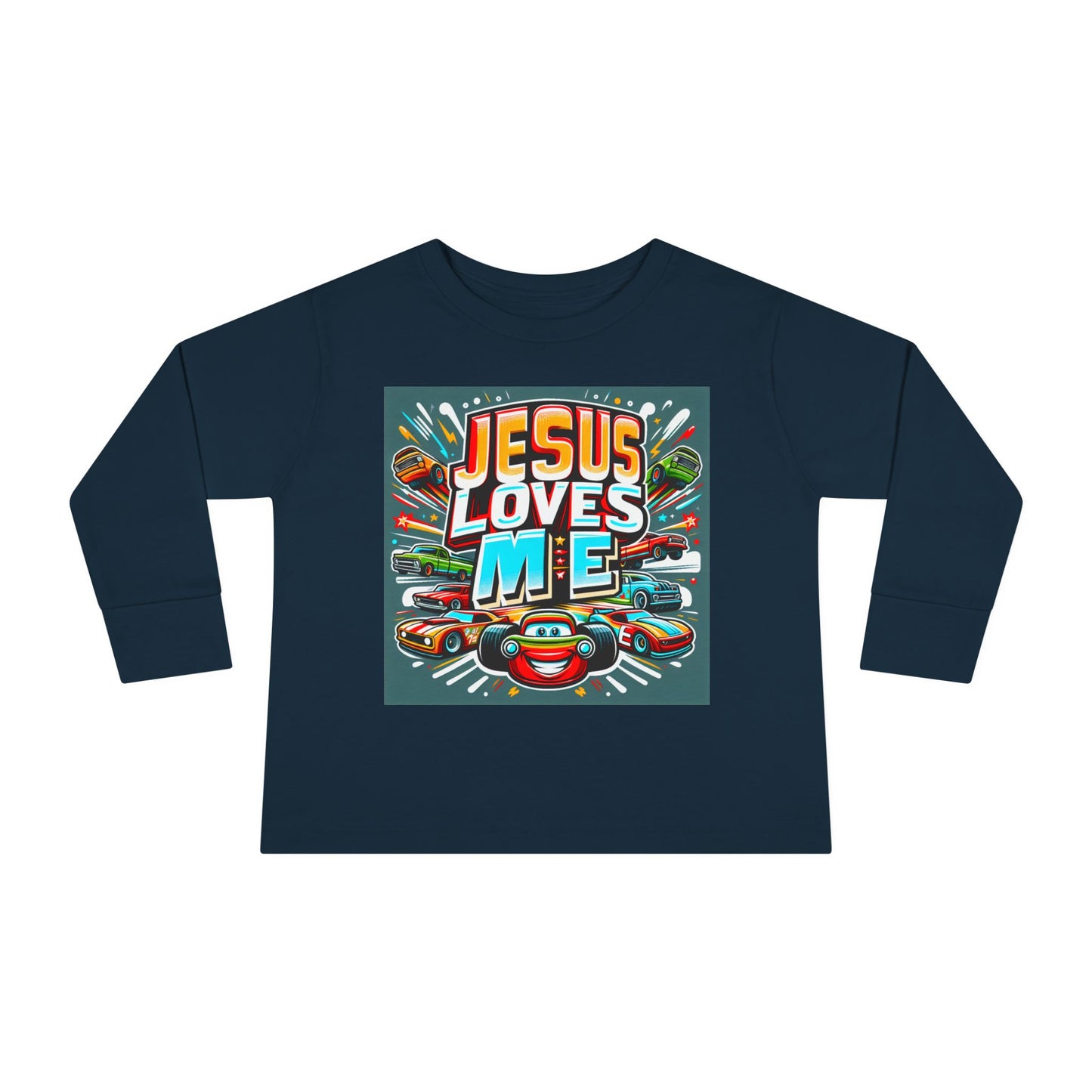 Jesus Loves Me Toddler Long Sleeve Tee Cars Design Personalized Back, Christian Kids apparel
