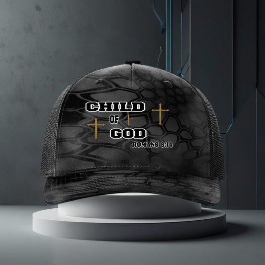  Divine Faith Armor™  Black cap with 'Child of God' text on a dark background