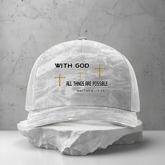 Divine Faith Armor™ Richardson 112PFP Christian trucker cap, With God All Things Are Possible hat, breathable mesh adjustable faith-based cap White cap with motivational text and crosses on a gray background