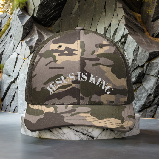 Camo Trucker Hat - Jesus is King Cap, Faith-Based Apparel, Camouflage Hat, Religious Gift, Blessed Fashion Accessory